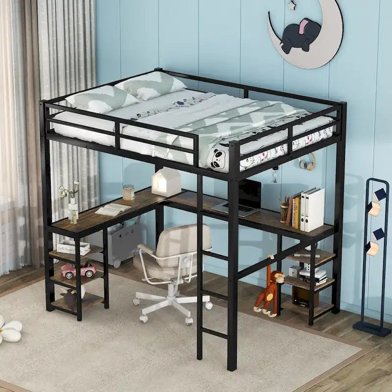 Lit mezzanine en métal avec bureau et étagères, lit mezzanine avec échelle et barrières de sécurité