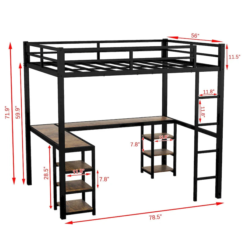 Lit mezzanine en métal avec bureau et étagères, lit mezzanine avec échelle et barrières de sécurité