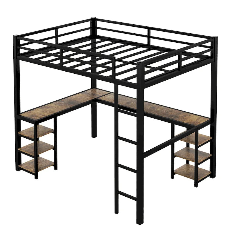 Lit mezzanine en métal avec bureau et étagères, lit mezzanine avec échelle et barrières de sécurité