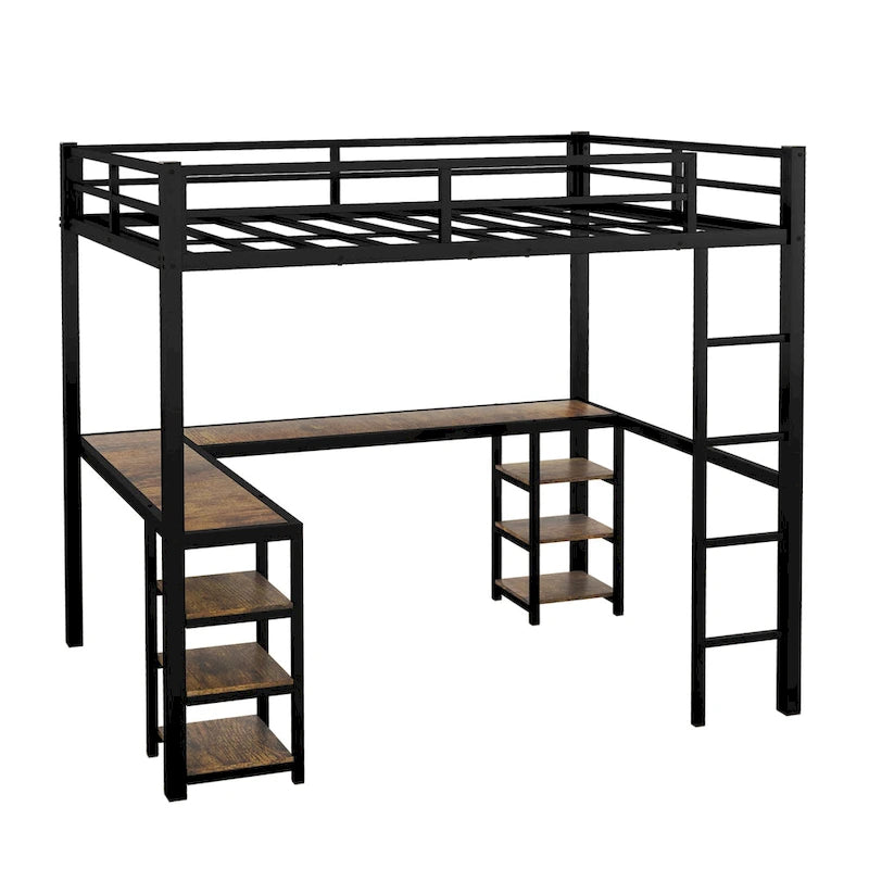 Lit mezzanine en métal avec bureau et étagères, lit mezzanine avec échelle et barrières de sécurité