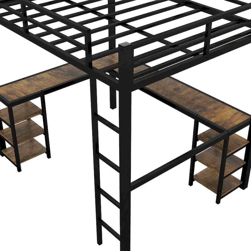 Lit mezzanine en métal avec bureau et étagères, lit mezzanine avec échelle et barrières de sécurité