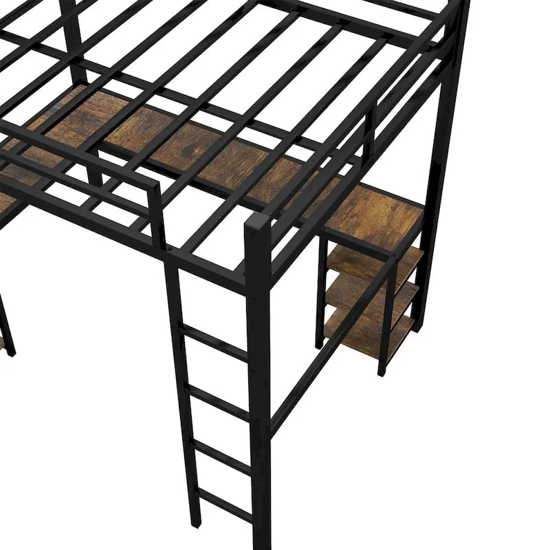 Lit mezzanine en métal avec bureau et étagères, lit mezzanine avec échelle et barrières de sécurité
