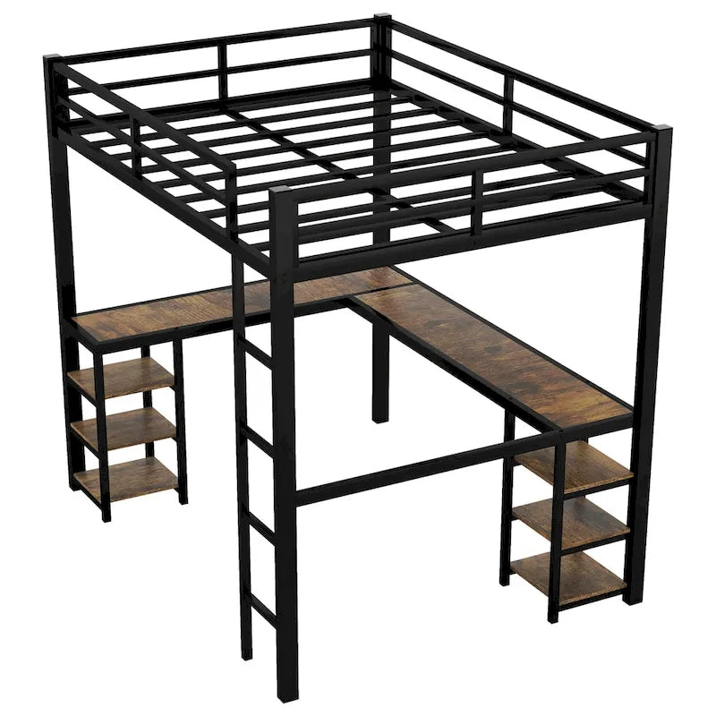 Lit mezzanine en métal avec bureau et étagères, lit mezzanine avec échelle et barrières de sécurité