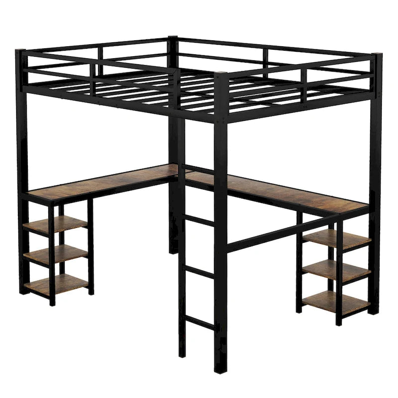 Lit mezzanine en métal avec bureau et étagères, lit mezzanine avec échelle et barrières de sécurité
