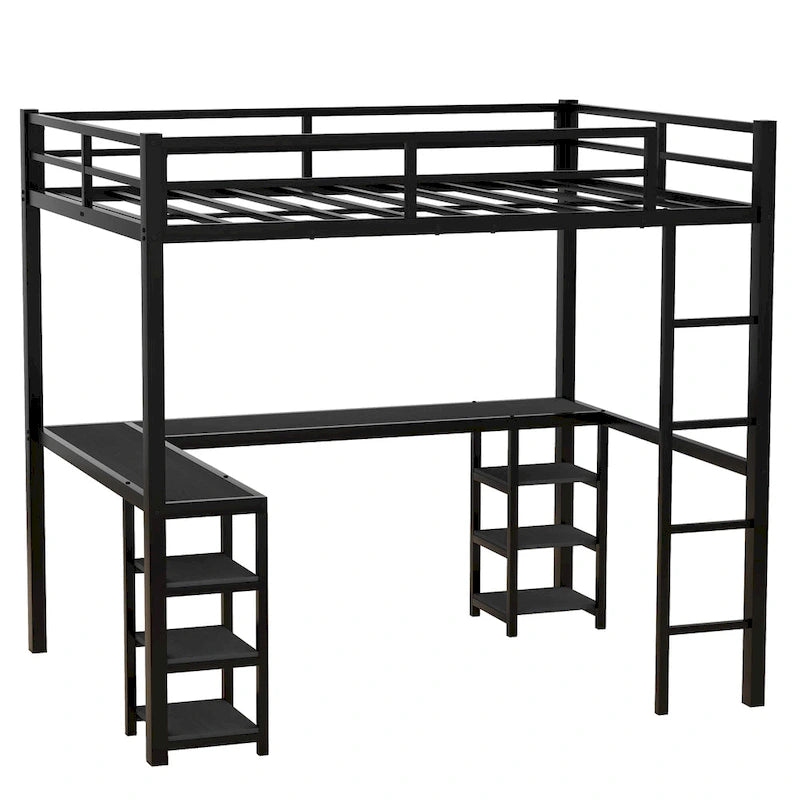 Lit mezzanine en métal avec bureau et étagères, lit mezzanine avec échelle et barrières de sécurité