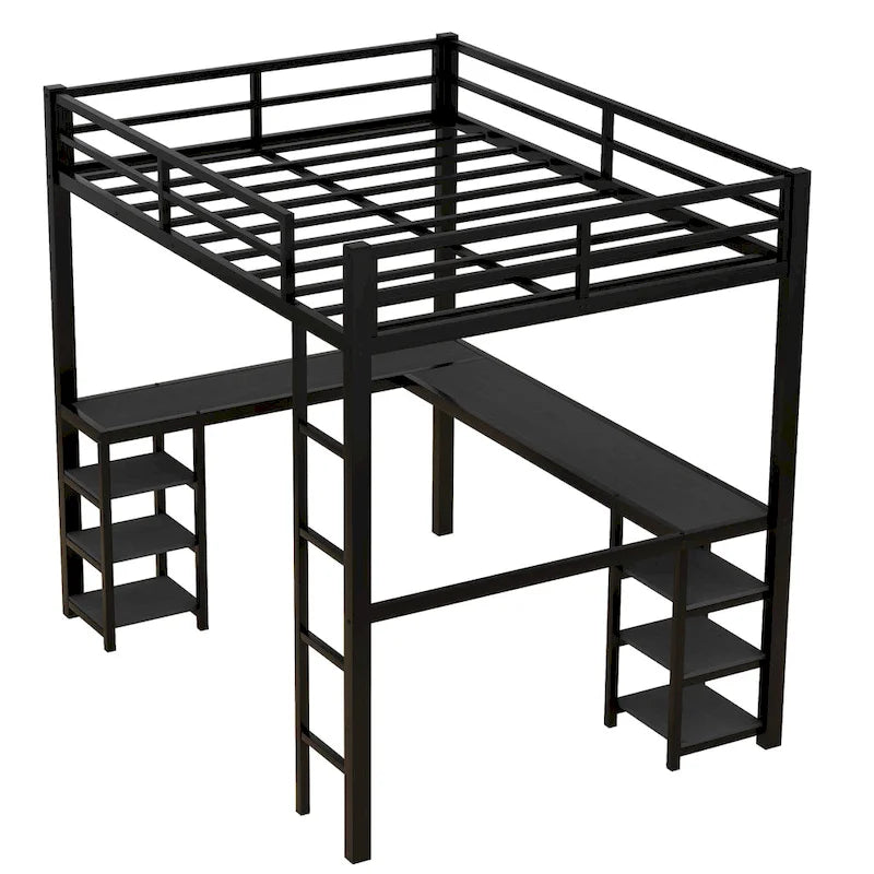 Lit mezzanine en métal avec bureau et étagères, lit mezzanine avec échelle et barrières de sécurité