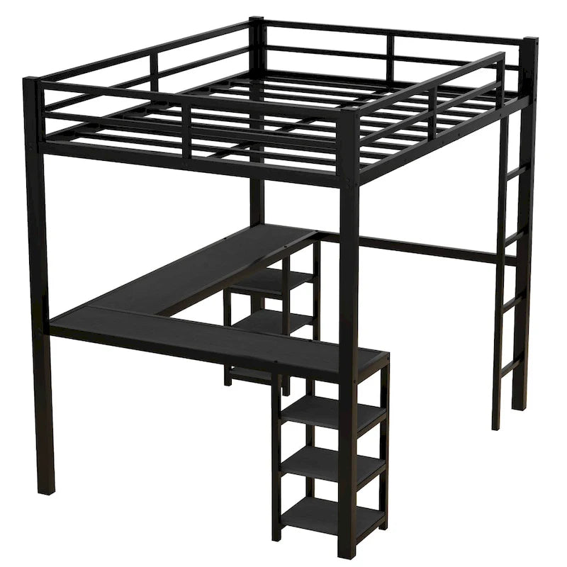 Lit mezzanine en métal avec bureau et étagères, lit mezzanine avec échelle et barrières de sécurité