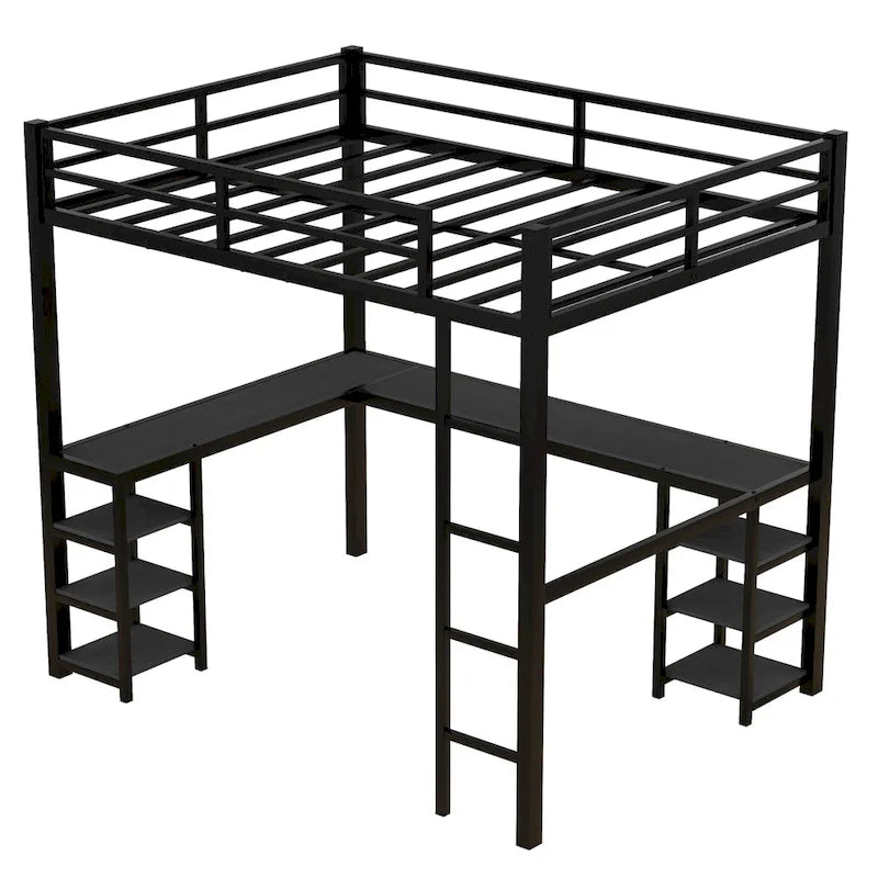 Lit mezzanine en métal avec bureau et étagères, lit mezzanine avec échelle et barrières de sécurité