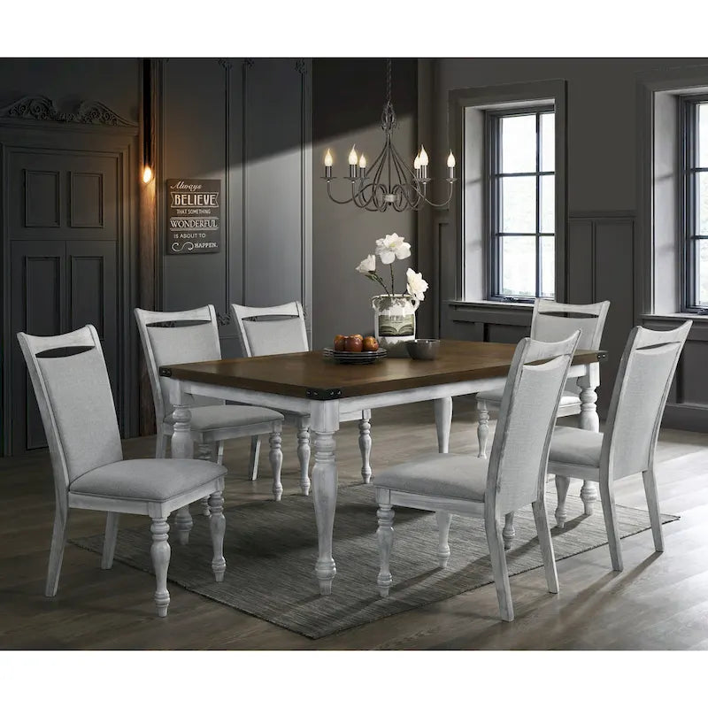 Roundhill Furniture Salines 7 Piece Dining Table Set with 6 Upholstered Chairs, Rustic White and Oak