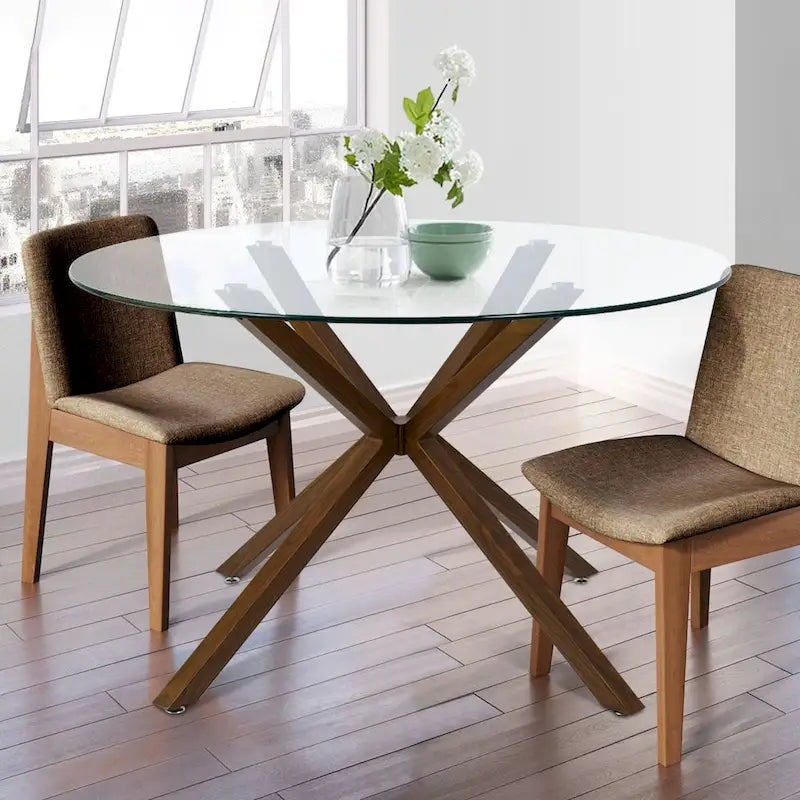 Round 39 Glass Dining Table Walnut Table Leg - 39x30x27