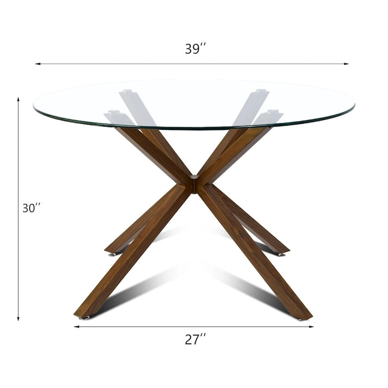 Round 39 Glass Dining Table Walnut Table Leg - 39x30x27