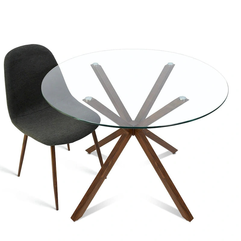 Round 39 Glass Dining Table Walnut Table Leg - 39x30x27