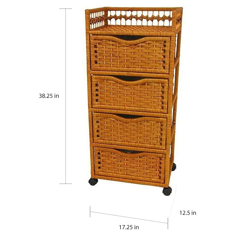 Natural Fiber Wheeled 4-drawer Chest of Drawers - 17.25W x 12.50D x 38.25H