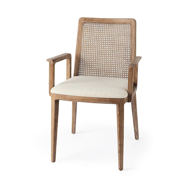 Clara Cream Fabric Seat with Cane Back and Light Brown Solid Wood Frame Dining Chair