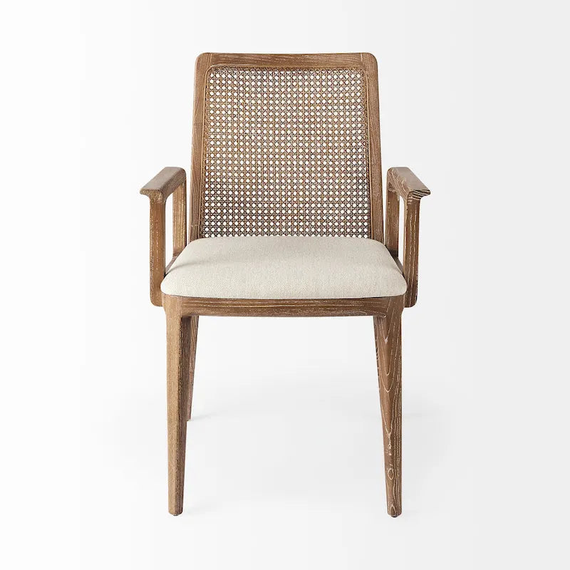 Clara Cream Fabric Seat with Cane Back and Light Brown Solid Wood Frame Dining Chair