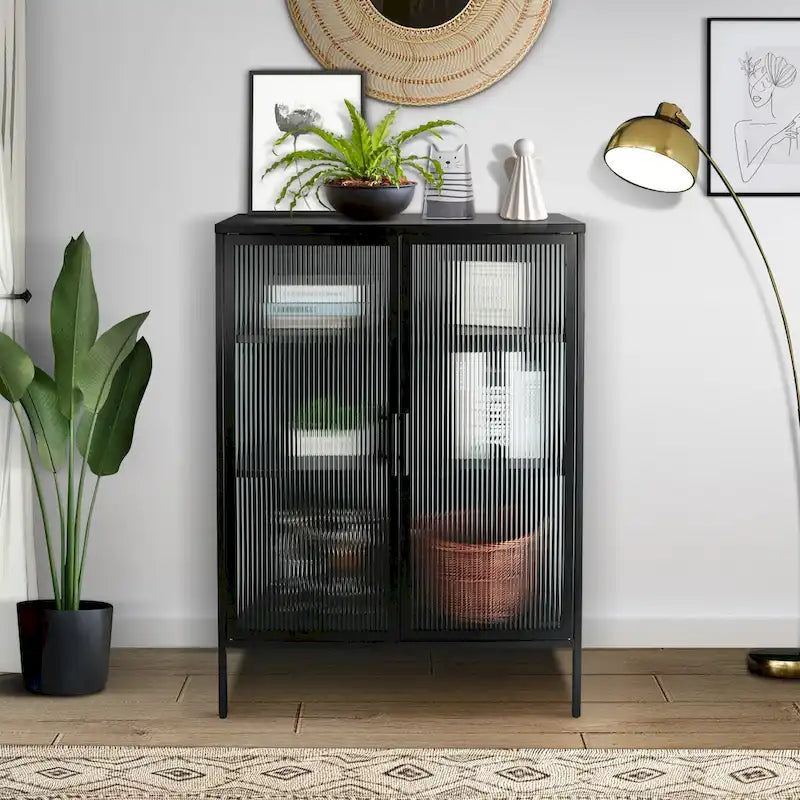 48 Inch Double Glass Door Storage Cabinet, Sideboard Cabinet with Adjustable Shelves