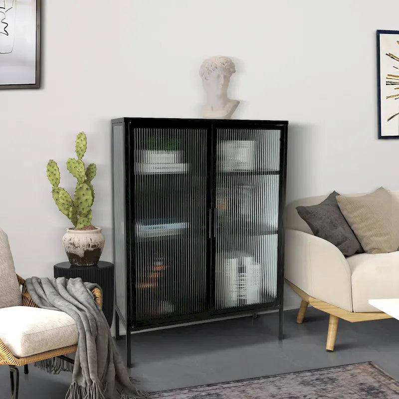 48 Inch Double Glass Door Storage Cabinet, Sideboard Cabinet with Adjustable Shelves