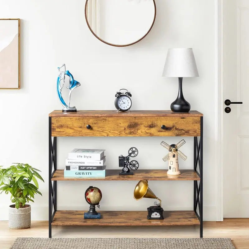 3 Tier Entryway Console Table with Drawer and 2 Open Storage