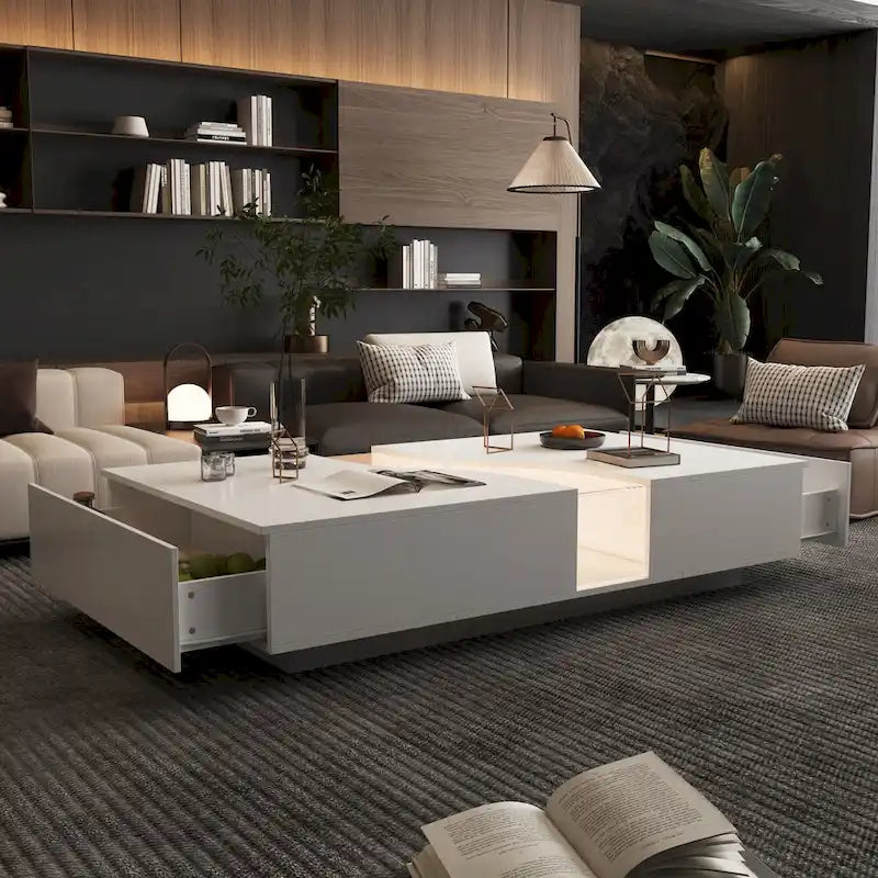 Table basse contemporaine blanche avec rebord coloré à DEL