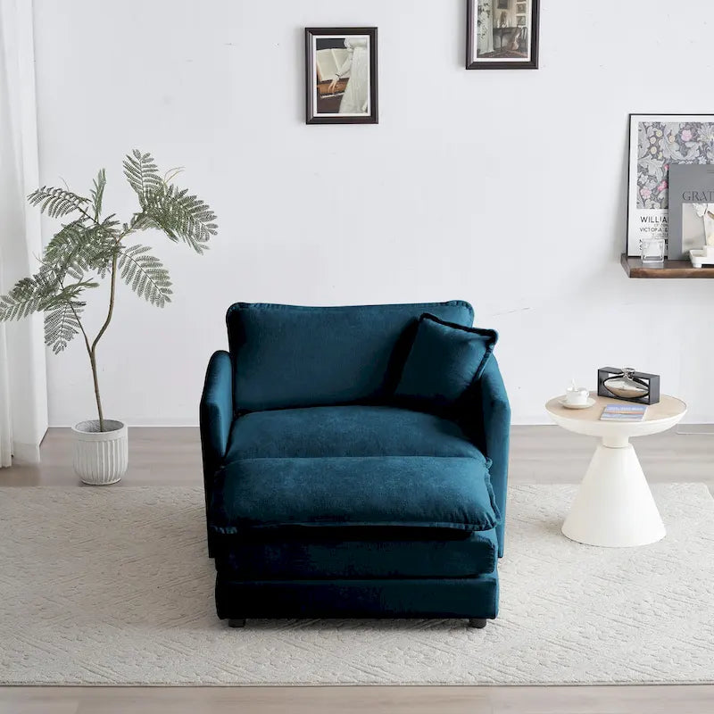 Modern Accent Chair with Ottoman, Living Room Club Chair Chenille Upholstered Armchair , Reading Chair for Bedroom, Blue Chenill