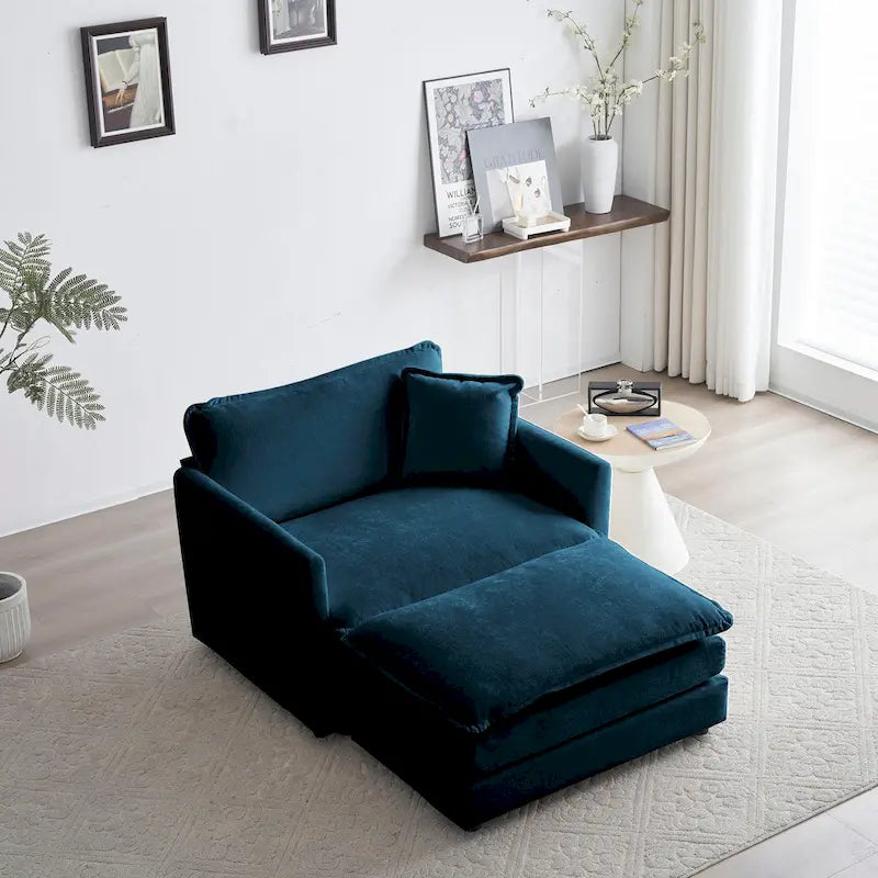 Modern Accent Chair with Ottoman, Living Room Club Chair Chenille Upholstered Armchair , Reading Chair for Bedroom, Blue Chenill