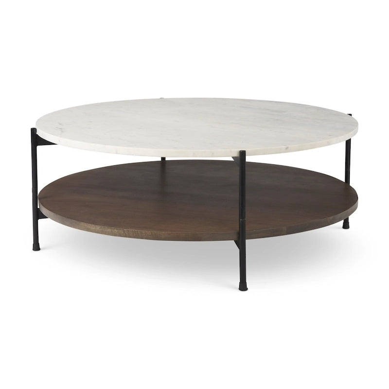 Table basse ronde en marbre blanc et bois massif