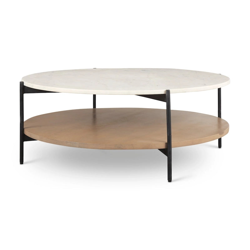 Table basse ronde en marbre blanc et bois massif