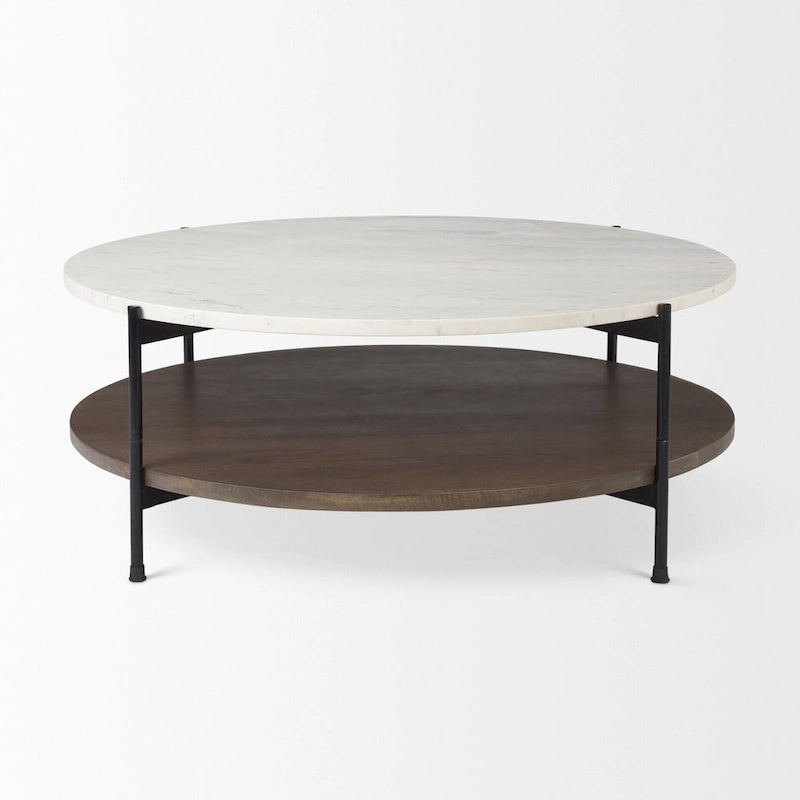 Table basse ronde en marbre blanc et bois massif