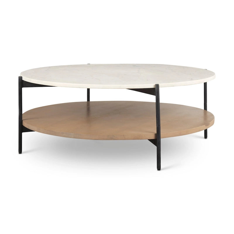 Table basse ronde en marbre blanc et bois massif