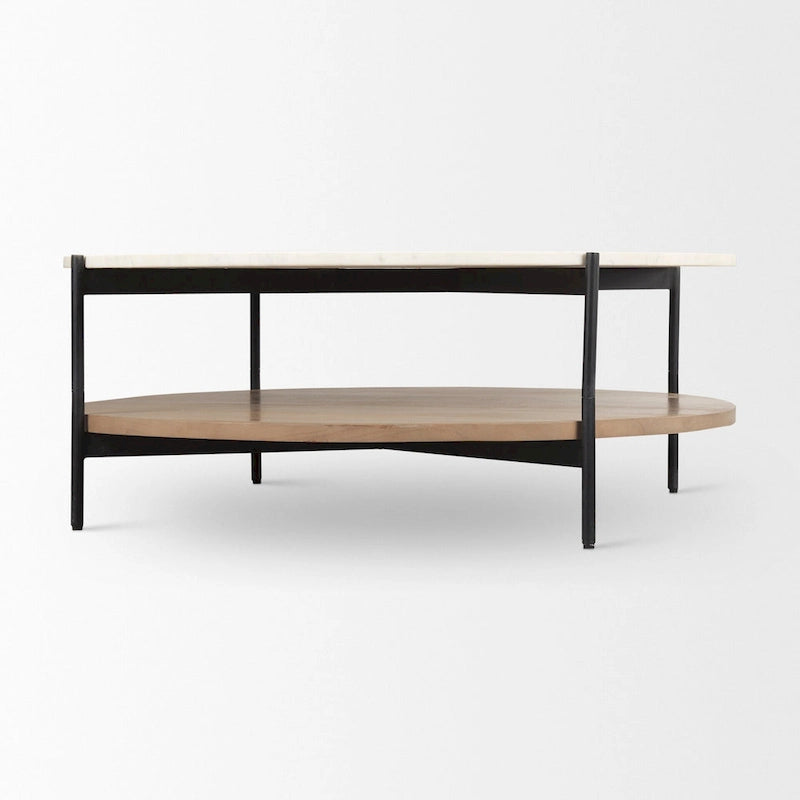Table basse ronde en marbre blanc et bois massif