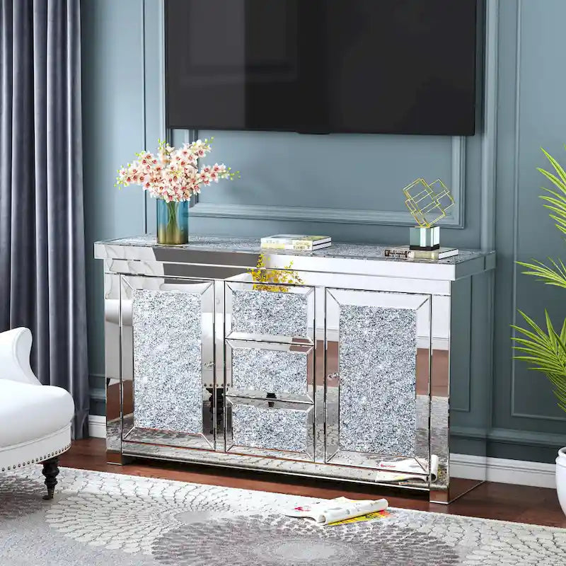 Glam Mirrored Diamond 3-Drawers Accent Cabinet Sideboard