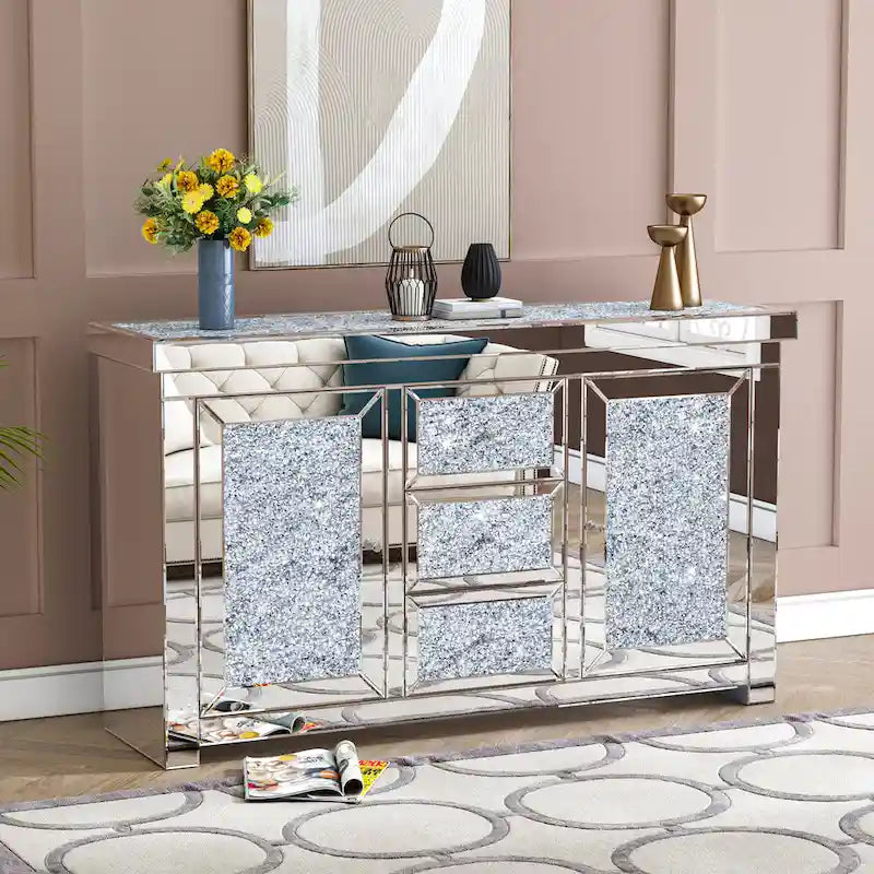 Glam Mirrored Diamond 3-Drawers Accent Cabinet Sideboard