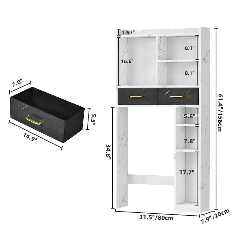 Meuble de rangement de salle de bain au-dessus des toilettes avec tiroirs et étagères
