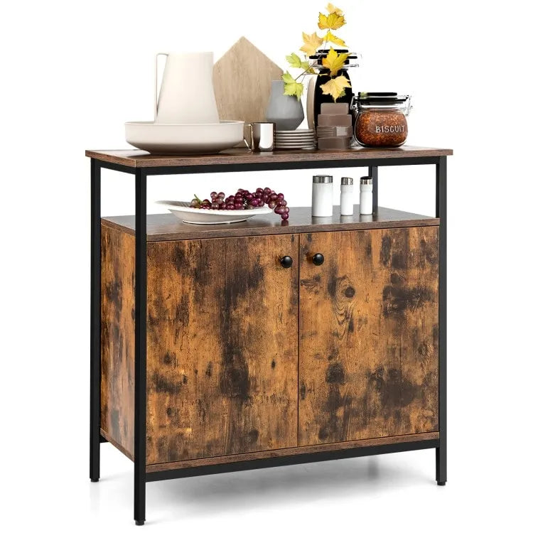 2-Door Buffet Cabinet with Shelves and Cable Management Holes-Rustic Brown - 31.5 x 16 x 31.5 (L x W x H)