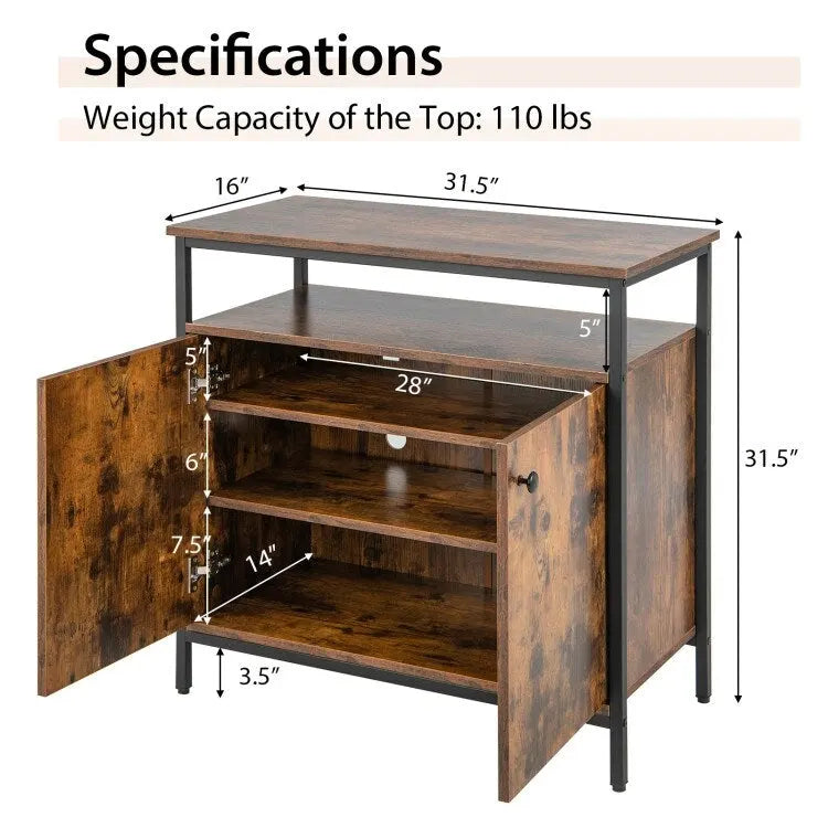 2-Door Buffet Cabinet with Shelves and Cable Management Holes-Rustic Brown - 31.5 x 16 x 31.5 (L x W x H)