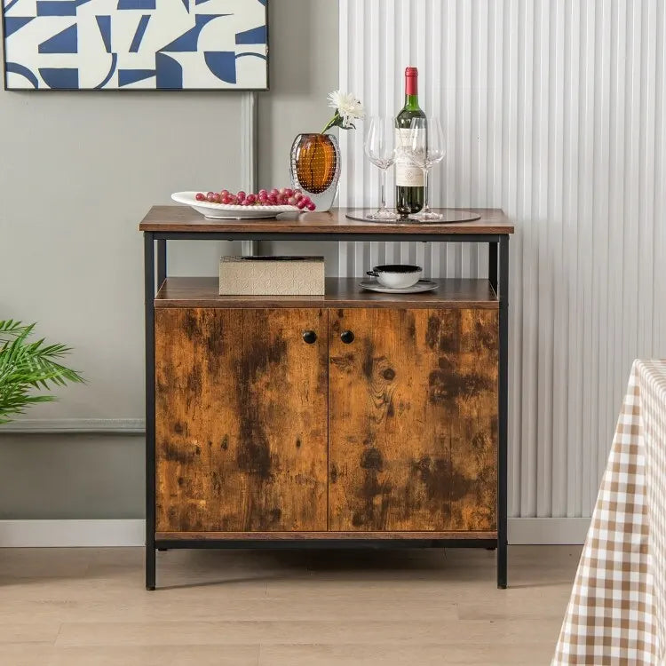 2-Door Buffet Cabinet with Shelves and Cable Management Holes-Rustic Brown - 31.5 x 16 x 31.5 (L x W x H)