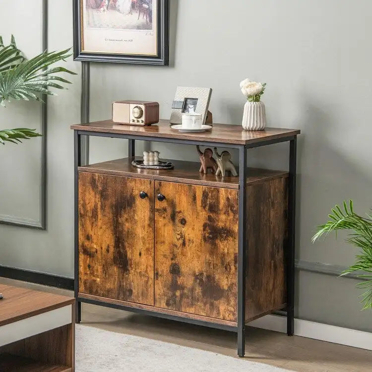 2-Door Buffet Cabinet with Shelves and Cable Management Holes-Rustic Brown - 31.5 x 16 x 31.5 (L x W x H)