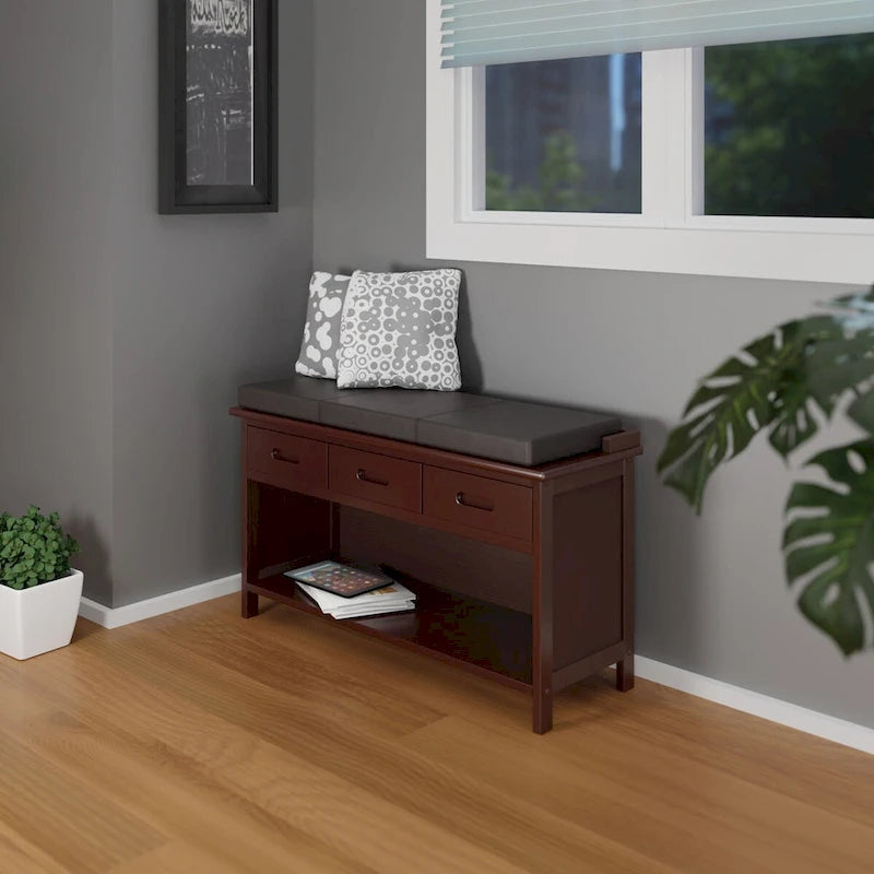 Adriana 2-Pc Storage Bench with Seat Cushion, Walnut and Espresso - 35.83 x 12.99 x 2.17 inches