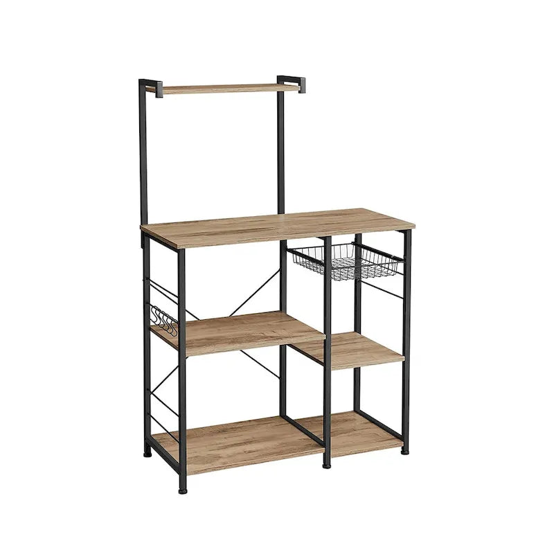Kitchen Microwave Oven Stand Shelf with Wire Basket and 6 S-Hooks - 35.4L x 15.7W x 52H