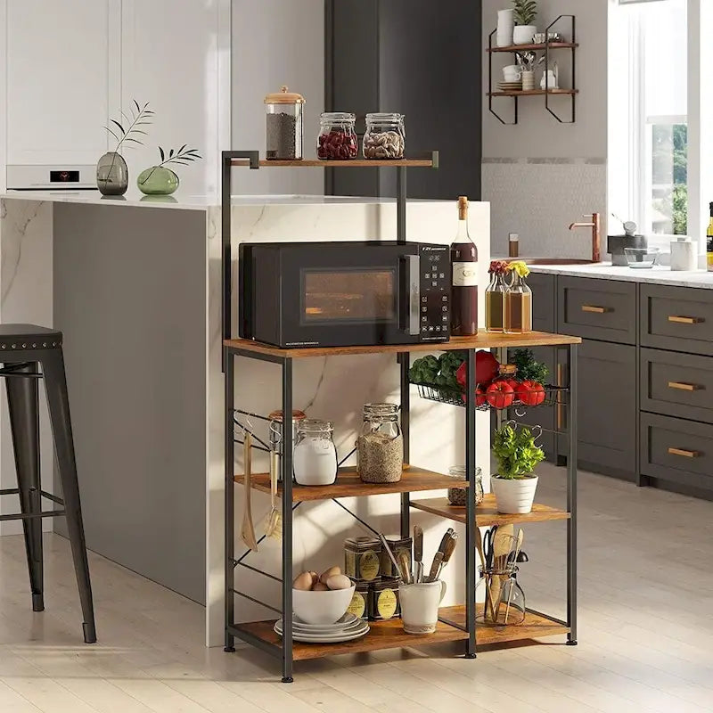 Kitchen Microwave Oven Stand Shelf with Wire Basket and 6 S-Hooks - 35.4L x 15.7W x 52H