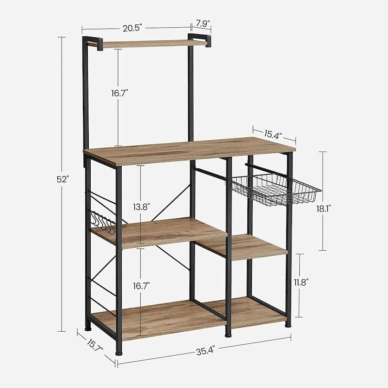 Kitchen Microwave Oven Stand Shelf with Wire Basket and 6 S-Hooks - 35.4L x 15.7W x 52H