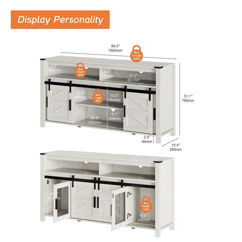 LED Farmhouse Entertainment Center with Mesh and Barn Doors, 31 H