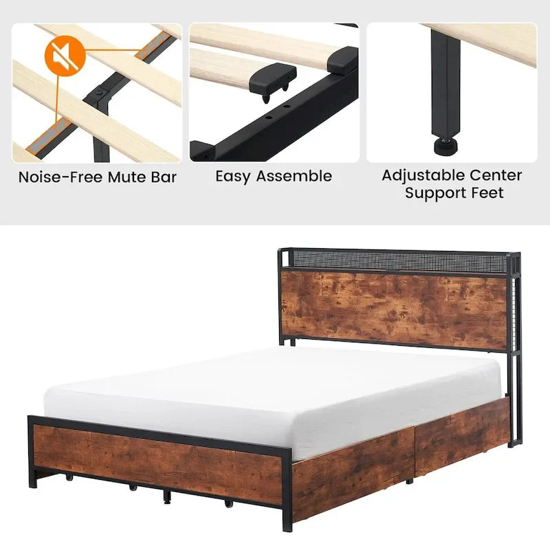 Bed Frame with Storage Drawers and Charging Station