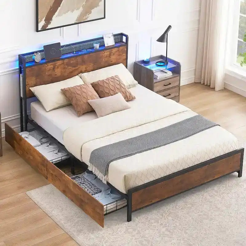 Bed Frame with Storage Drawers and Charging Station