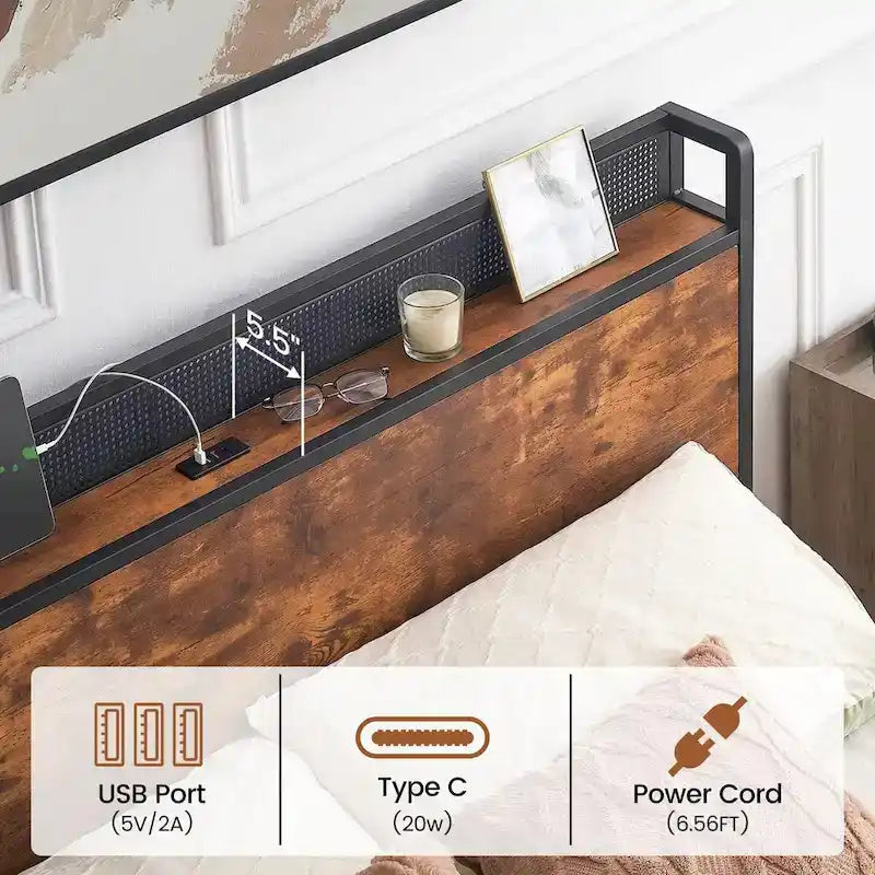Bed Frame with Storage Drawers and Charging Station