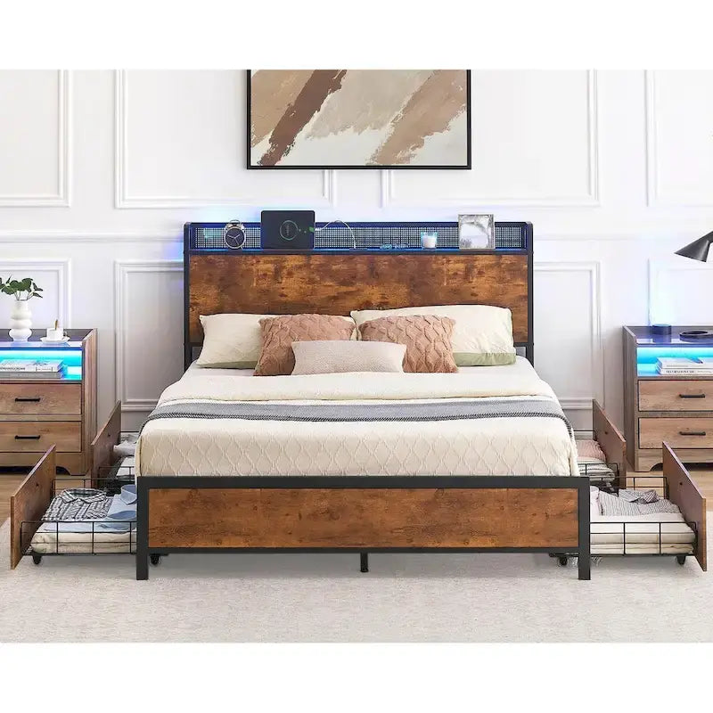 Bed Frame with Storage Drawers and Charging Station