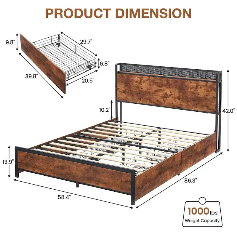 Bed Frame with Storage Drawers and Charging Station