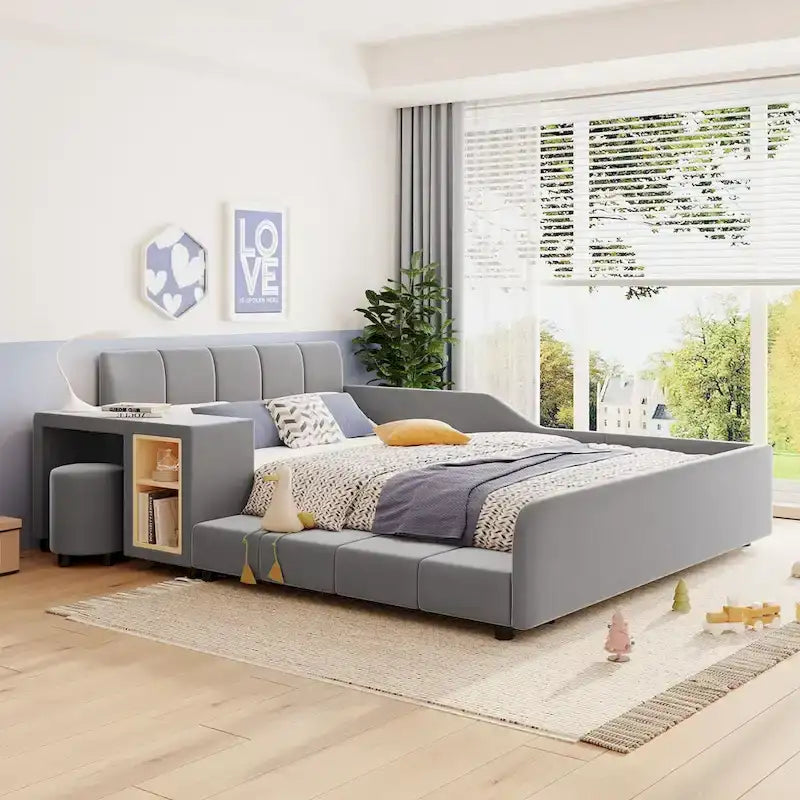 Upholstered Grounded Bed Mother & Child Bed with Bedside Desk and Little Round Stool