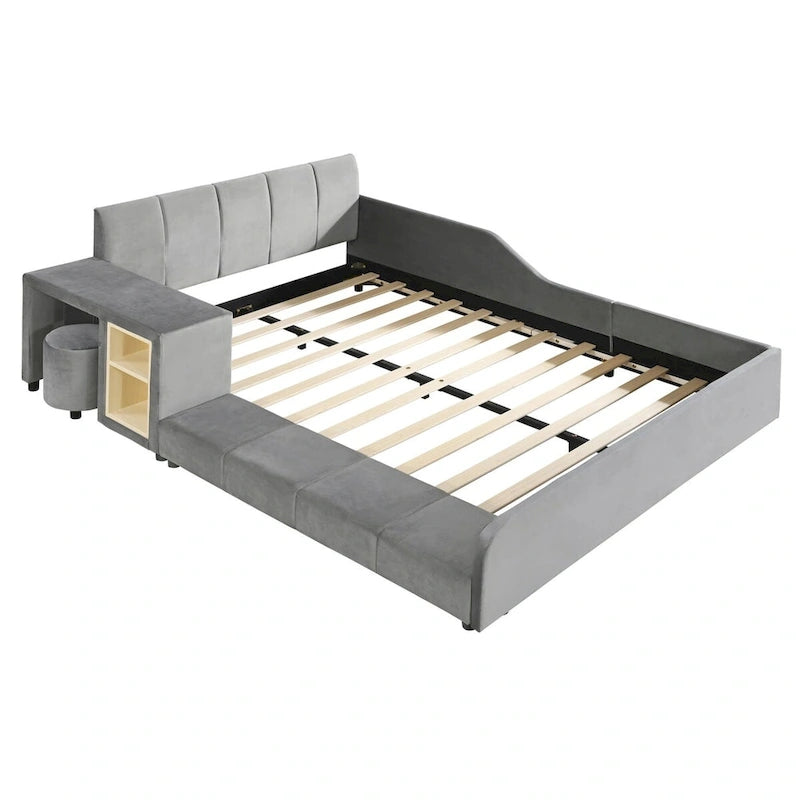 Upholstered Grounded Bed Mother & Child Bed with Bedside Desk and Little Round Stool