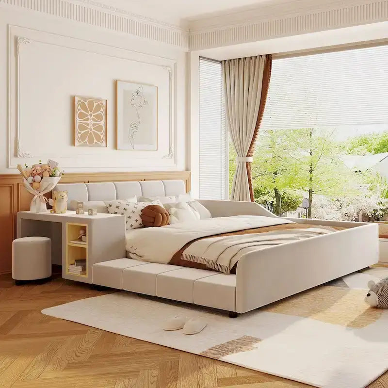 Upholstered Grounded Bed Mother & Child Bed with Bedside Desk and Little Round Stool